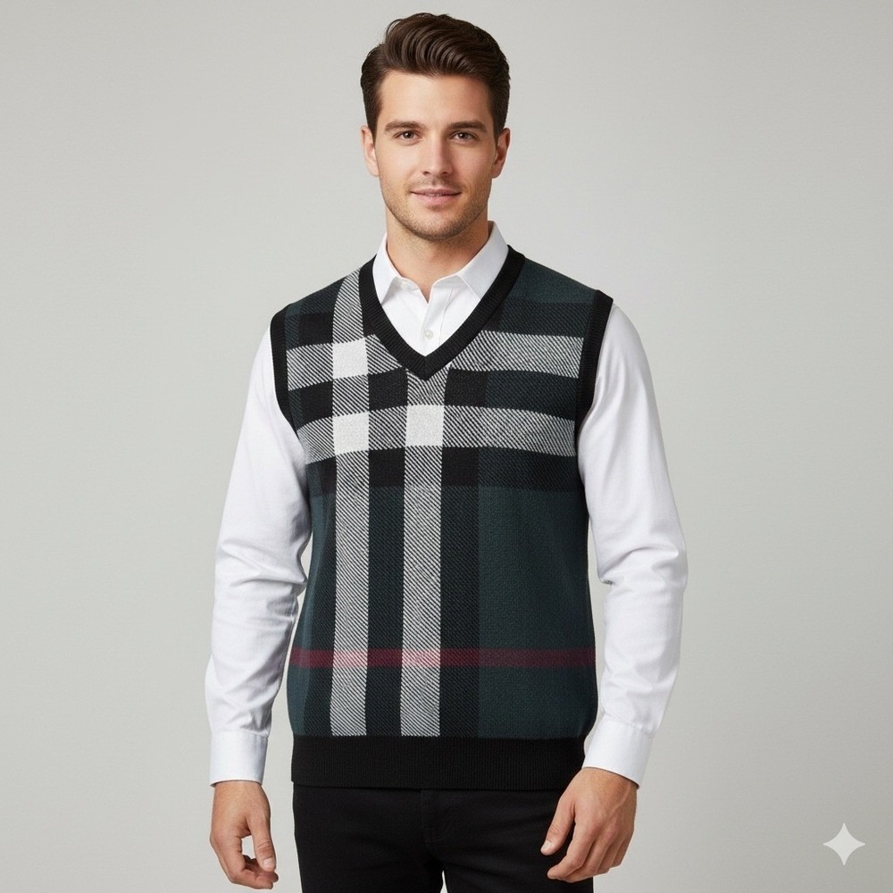 Zicac Mens One SIze V Neck Knitwear Sweater‎ Vest Green Black Plaid Retro Golf